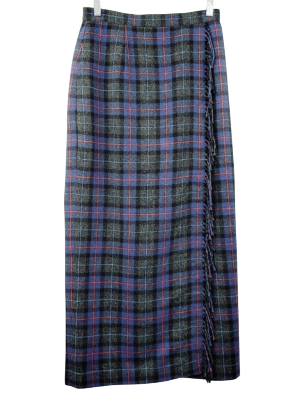 Vtg Wool Blend Maxi Wrap Skirt Size 8 Gray Blue Plaid Fringe Trim Joan Leslie